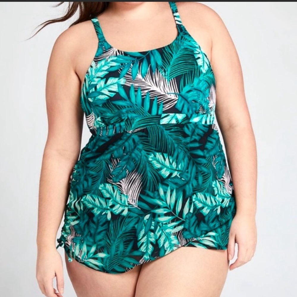 CACIQUE  NEW Ruched Convertible One Piece Swimsuit 18 Tropical Leaf Green